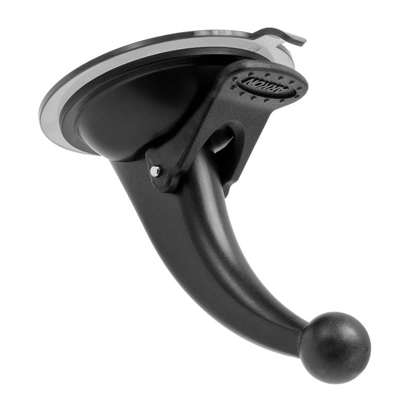 The Windshield Suction Car Mount for Garmin nuvi GPS is a black 360° swivel mount with a curved arm and round knob, ideal for securing your device to smooth surfaces.