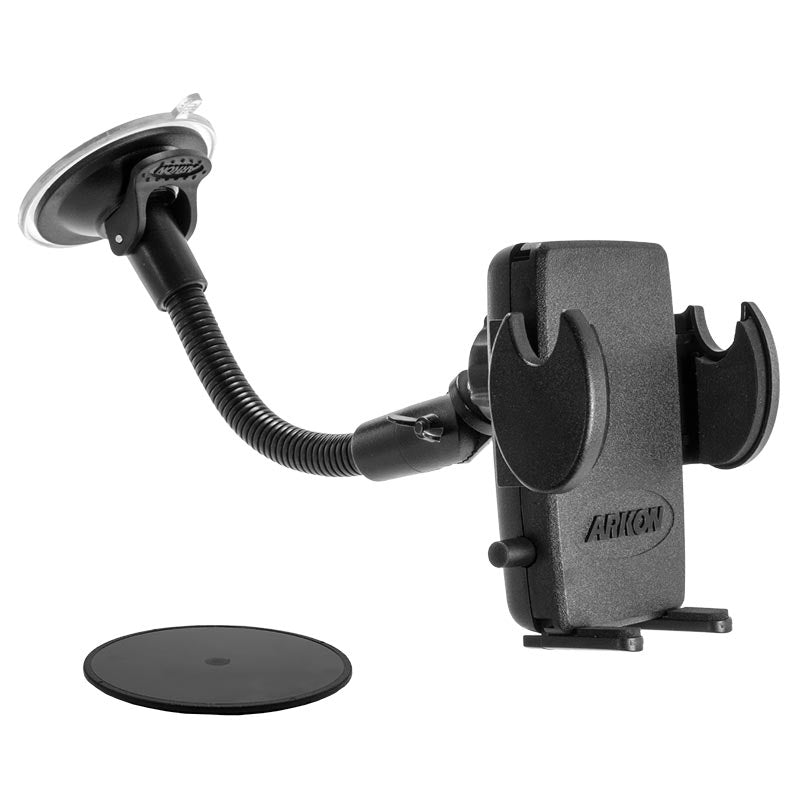 The black Windshield Suction Car Mount for iPhone, Galaxy, and Note has an adjustable arm, secure cradle, and comes with a round adhesive base pad for extra stability in your car.
