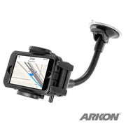 The ARKON Windshield Suction Car Mount for iPhone, Galaxy, and Note holds a smartphone with GPS on display. Featuring a flexible black gooseneck, it secures your device in place. The ARKON logo is visible in the lower right corner.