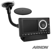 The Windshield Suction Car Mount with 8.5 Gooseneck for XM and Sirius Satellite Radio features control buttons, a display screen, and the ARKON logo, plus a round mounting pad for secure installation using its flexible neck design.