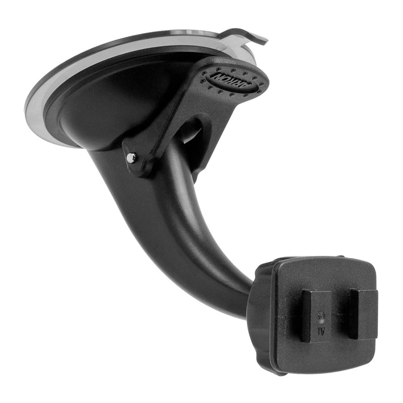 A black Windshield Suction Car Mounting Pedestal - Dual-T Compatible with an adjustable arm and rectangular holder is shown from the side against a white background.