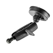 The Windshield Suction Mount - 17mm Ball Compatible is a black heavy-duty mount with an adjustable joint and suction cup for secure attachment of devices to smooth surfaces like windshields.
