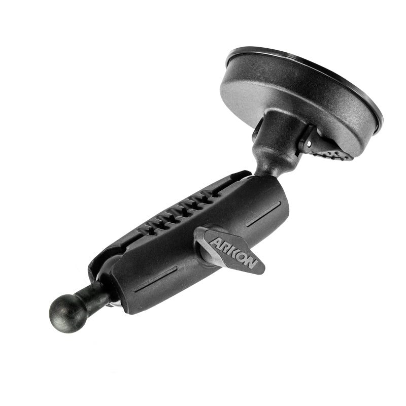 The Windshield Suction Mount - 17mm Ball Compatible is a black heavy-duty mount with an adjustable joint and suction cup for secure attachment of devices to smooth surfaces like windshields.