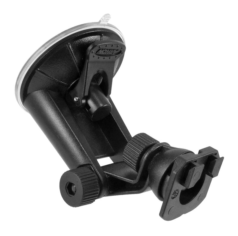 The Windshield Suction Mounting Pedestal - Dual-T Compatible is a black plastic holder with adjustable knobs and a bracket, designed to attach phones or tablets to car windshields or other smooth surfaces.