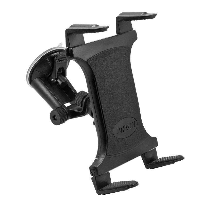 The Windshield Suction Slim-Grip® Tablet Mount is a black, adjustable car mount with padded grips and a windshield suction cup base, designed to securely hold tablets or mobile devices on your dashboard or windshield.