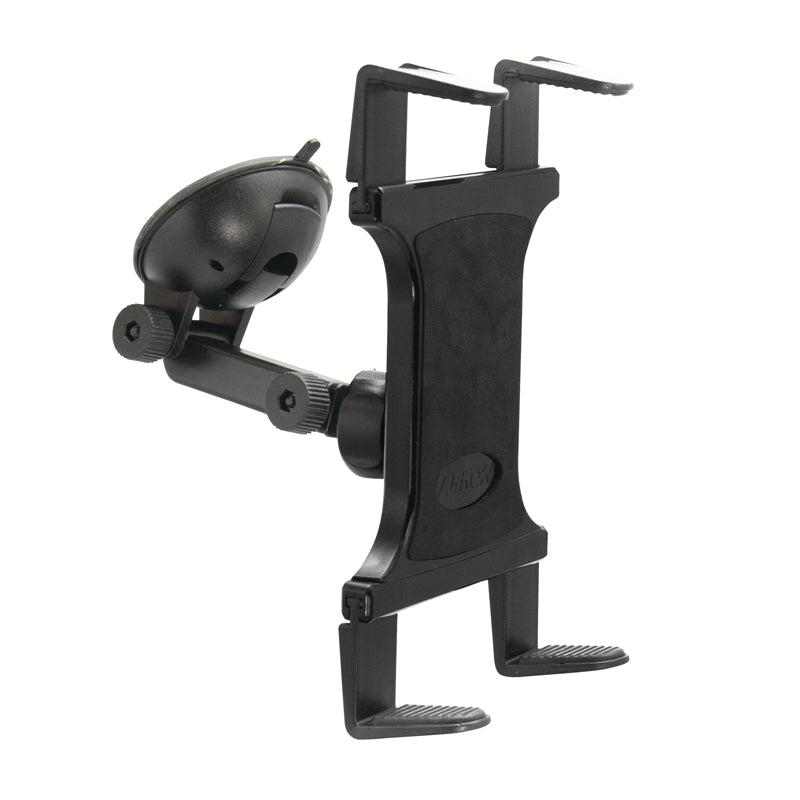 The Windshield Suction Tablet Mount with Extension Arm is a black universal holder designed to securely attach tablets or large smartphones to smooth surfaces such as car windshields or dashboards.