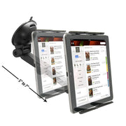 The Windshield Suction Tablet Mount with Extension Arm securely holds a 5–7 inch wide tablet displaying a food ordering app. The adjustable extension arm is shown mounted on a car windshield.