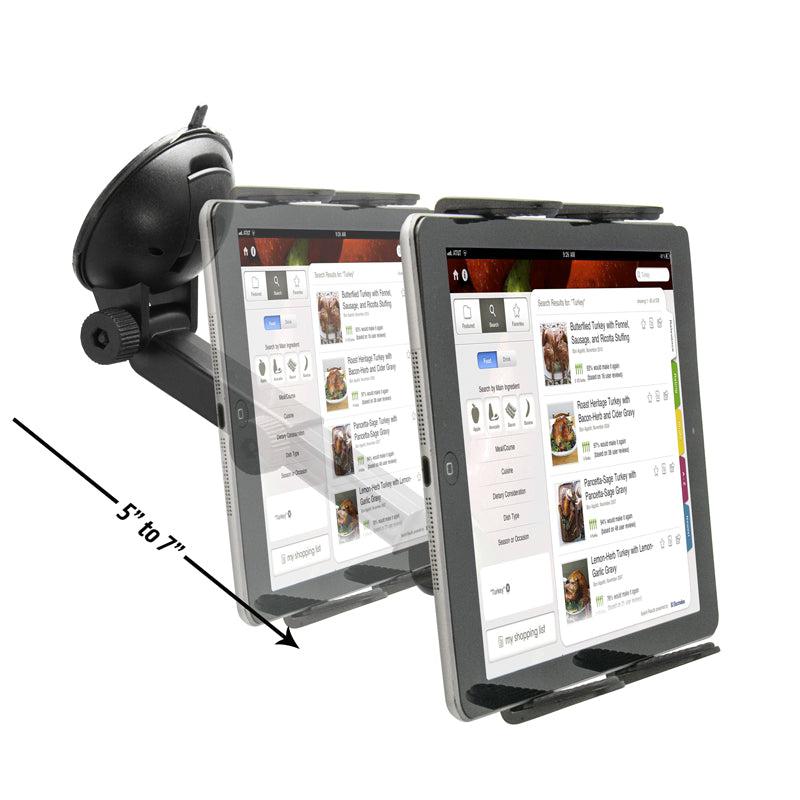 The Windshield Suction Tablet Mount with Extension Arm securely holds a 5–7 inch wide tablet displaying a food ordering app. The adjustable extension arm is shown mounted on a car windshield.